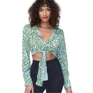 PRINCESS POLLY Winslet Green White Zebra Print Cropped Long Sleeve Tie Front Top
